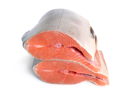 Pieces of pink salmon isolated on white background.の写真素材