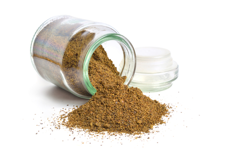 Hemp seed meal. Isolated on white backgroundの写真素材