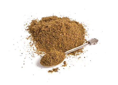 Hemp seed meal. Isolated on white backgroundの写真素材