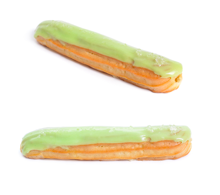 Mint Eclair, also known as a sweet baguette isolated on white background.の写真素材