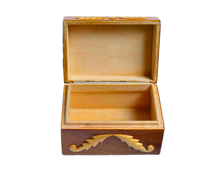 Small wooden handmade casket. Isolated on white background.の写真素材