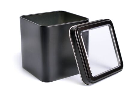 Black metal box with a transparent lid isolated on whiteの写真素材
