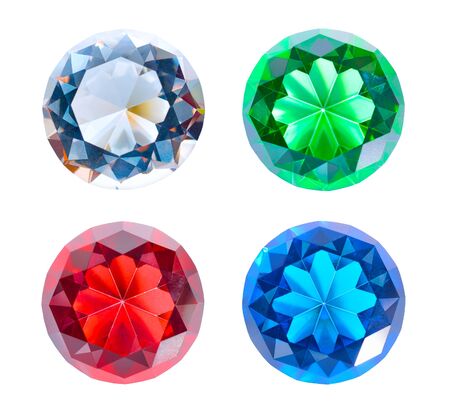 Collection of multicolored glass crystals in the shape of a diamond. Isolated.の写真素材