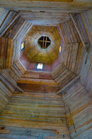 Dome of a wooden orthodox church. Inside view.の写真素材