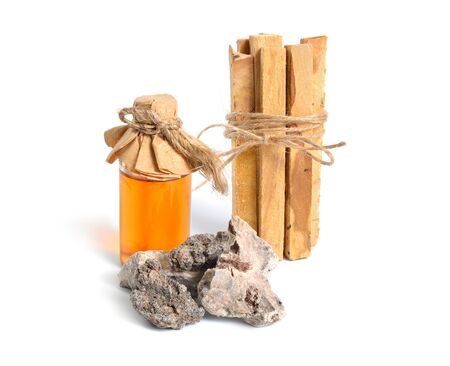 Palo santo, Holy Wood sticks wit incense resin isolated on white backgroundの写真素材