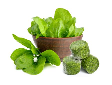 Fresh and Frozen Spinach leaves. Isolated on white background.の写真素材