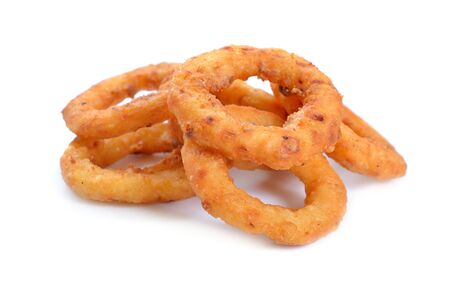 Fried onion rings. Isolated on white background.の写真素材