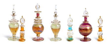Vintage perfume bottles set. Isolated on white backgroundの写真素材