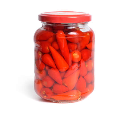 Small hot red chili pickled isolated on white backgroundの写真素材