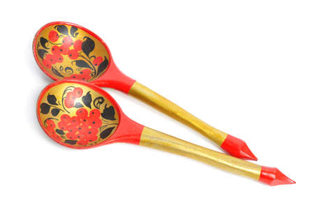 Khokhloma Wooden spoons. Isolated on white backgroundの写真素材