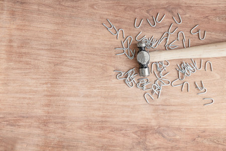 Hammer and staples on a wooden bench.の写真素材