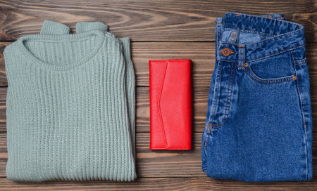 Jeans, a red purse, a mint-colored sweater on a wooden surface. Women's clothing and accessories. Top view. Flat lay.の写真素材