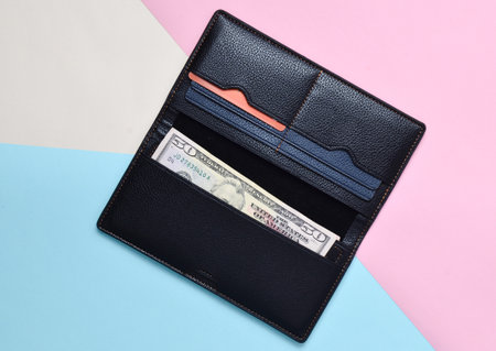 An open black purse with dolar bills and credit cards on a multicolored pastel background. Trend of...