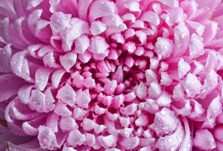 Top view of petals of large pink chrysanthemums in dewdrops close-up.の写真素材