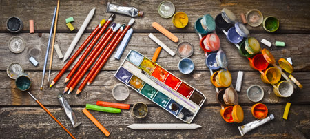 Tools for the artist. Objects for drawing. Paint, crayons, pencils on a wooden table. Inspiration to create. Top view. Flat lay.の写真素材
