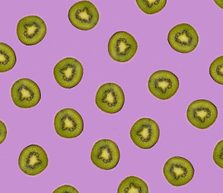 Creative background of kiwi slices on a purple surface. Top view.