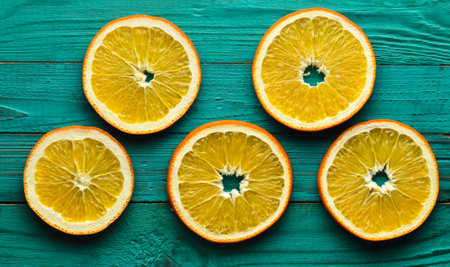 Dryed slices of orange on a turquoise wooden background. Top view.