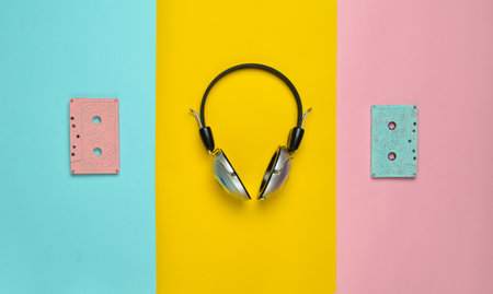Wireless headphones and audio cassettes on a multicolored pastel paper background. Minimal creative art. Musical retro vibrations. Top view.の写真素材
