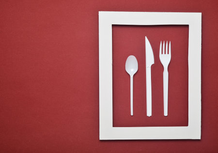 Plastic cutlery for picnics in a white frame on a red background. A disposable spoon, fork, knife. Top view, minimalistic trend.の写真素材