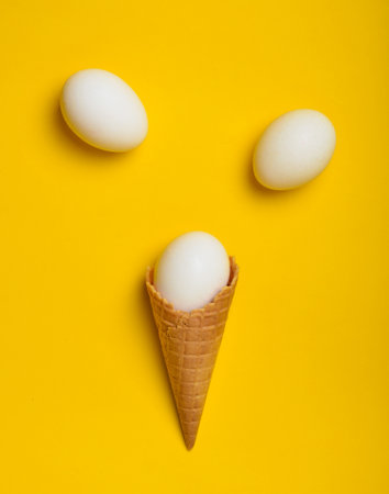 White chicken eggs in a waffle horn on a yellow background, top view, flat lay, minimalist trendの写真素材