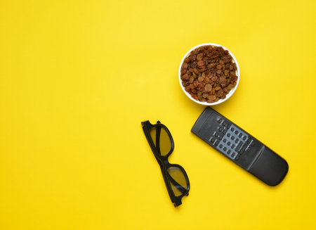 3d glasses, tv remote, bowl with raisins on a yellow background, top view