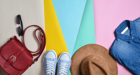Women's fashion clothing and accessories. Jeans, denim shirt, sneakers, felt hat, leather bag, sunglasses, layout on a colored background. Top view, flat lay, copy cpaceの写真素材