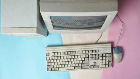Retro stationary computer on colored background. Monitor, system unit, computer mouse. Obsolete...