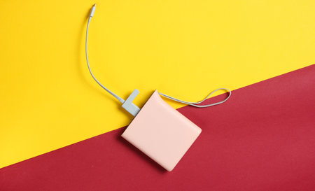 Power bank with usb cable on a yellow red paper background, top viewの写真素材