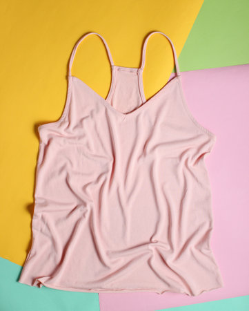 Women's fashion T-shirt on a colored pastel background. Minimalism, top view, flat layの写真素材