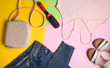 Women's accessories and clothing on a colored pastel background. Jeans, sandals, T-shirt, bag, comb. Top view, flat layの写真素材