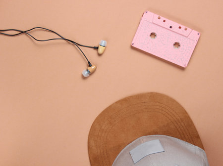 Cap, audio casset earphones on a brown background, music lover, minimalism, top viewの写真素材