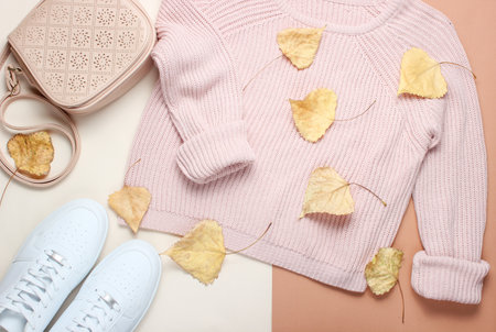 Women's clothing and accessories on a beige background. Fashionable sweater, sneakers, leather bag among the fallen yellowed leaves. Autumn wardrobe. top viewの写真素材