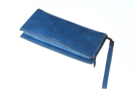 Blue leather wallet isolated on white backgroundの写真素材