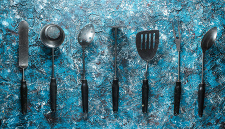 Retro metal cooking tool set on a blue concrete backgroundの写真素材