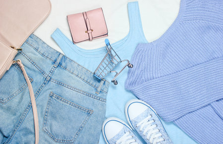 The concept of shopping. Women's clothing and accessories. Sneakers, T-shirt, purse bag, jeans, mini shopping trolleyの写真素材