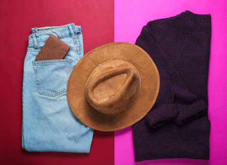 Flat lay style burgundy knitted sweater, trendy blue jeans, hat and other accessories on red pink background, top view, minimalismの写真素材