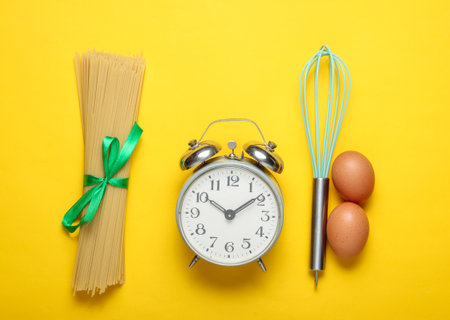 Culinary concept, cooking time. Alarm clock, pasta, chicken eggs, whisk on yellow background. Top...