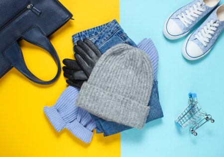 Shopping concept. Women's clothing and accessories. Winter woolen hat, sweater, leather gloves, sneakers, bag, jeans on colored paper background, minimalism, top view, flat lay styleの写真素材
