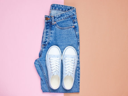 Hipster women sneakers with blue jeans on pastel background. top view, flat lay, minimalismの写真素材
