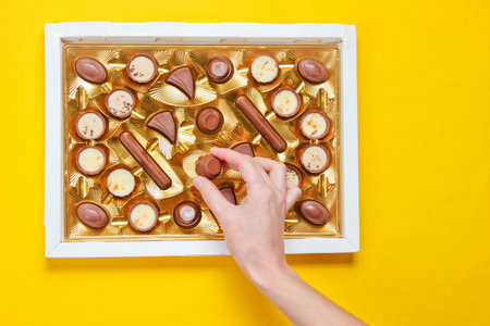 Girl takes a chocolate candy from a box of chocolates with a golden tray on yellow pastel background. Top view, minimalismの写真素材
