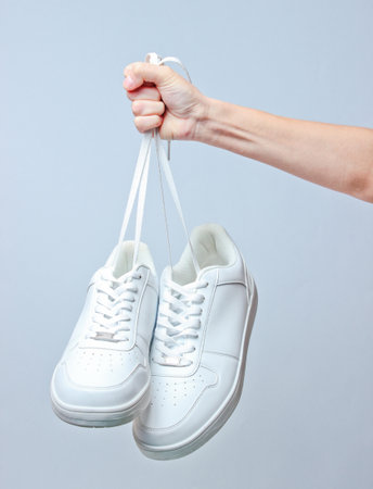 The hand holds by shoelaces hipster white sneakers on gray background. Minimalismの写真素材