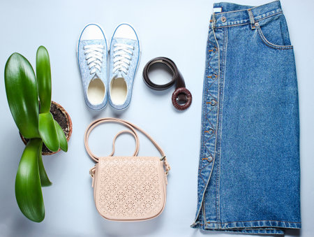 Retro style, flat lay clothes, shoes and accessories from the 80s on gray background.Skirt, sneakers, bag, pot plant. Minimalism, millenialの写真素材