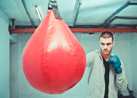 Handsome concentrated male boxer trains hand punches with a punching bag.の写真素材