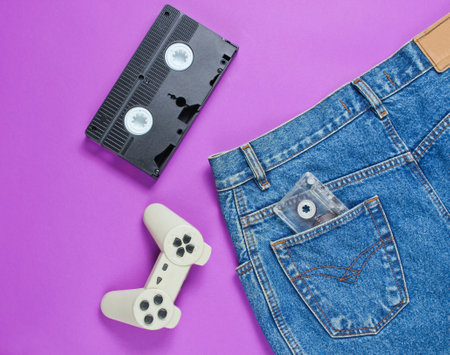Pop culture attributes from the 80s on the purple paper surface. Retro gamepad, videotape, audiotape in denim skirt pocketの写真素材