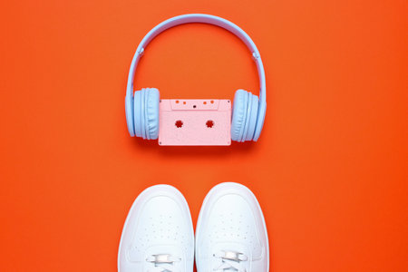 Retro style. 80s. Pop culture. Minimalismalism. Headphones with audio cassette, white sneakers on orange background. Top viewの写真素材