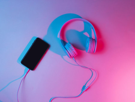 Retro wave, neon light, ultraviolet. Top view, minimalismの写真素材