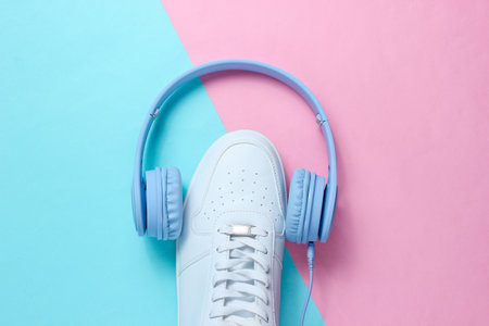 Minimalism. Music lover. Headphones, white sneakers on blue pink pastel background. Top view. Flat layの写真素材