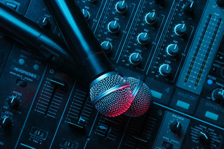 Night club, nightlife concept. Disco. Two microphone on DJ remote. Neon red blue light