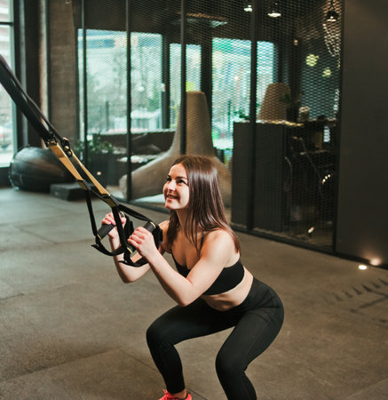 Fit woman doing exercise with fitness strap at gym. Workout, functional training. Sports lifestyleの写真素材