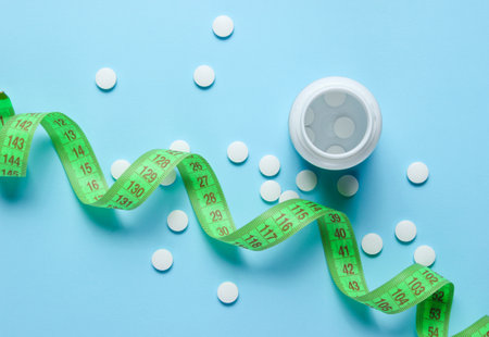 Diet pills. Ruler and bottle white pills on blue background. Weight loss concept. Top viewの写真素材